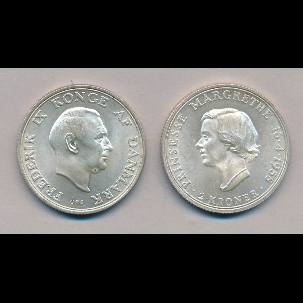 1958, 2 kroner, Prinsesse Margrethes 18 rs fdselsdag, 0,