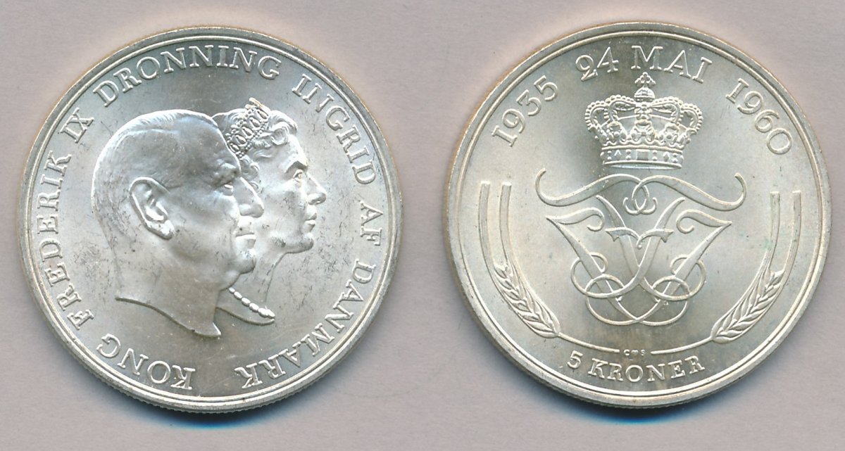 Tage af Planet reaktion 1960, 5 kroner, Frederik IX og Dronning Ingrid's sølvbryllup, 0, - 5 kroner  erindringsmønter - samlerforum
