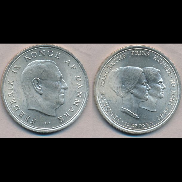 1967, 10 kroner, bryllups mnt, prinsesse Margrethe og prins Henrik 10 juni 1967, M,