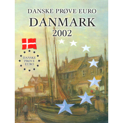 2002, Danmark, Danske prve euro st, 1,2,5,10,20,50 cent, 1,2 euro, papomslag,