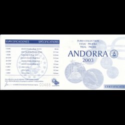 2003, Andorra, 1,2,5,10,20,50 cent, 1,2,5 euro, diverse metaller, i ske-mrkebl