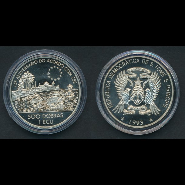 Sao Thom 1993, 1 ecu/ 500 dobras, EF's 15 rs jub., cuni, proof