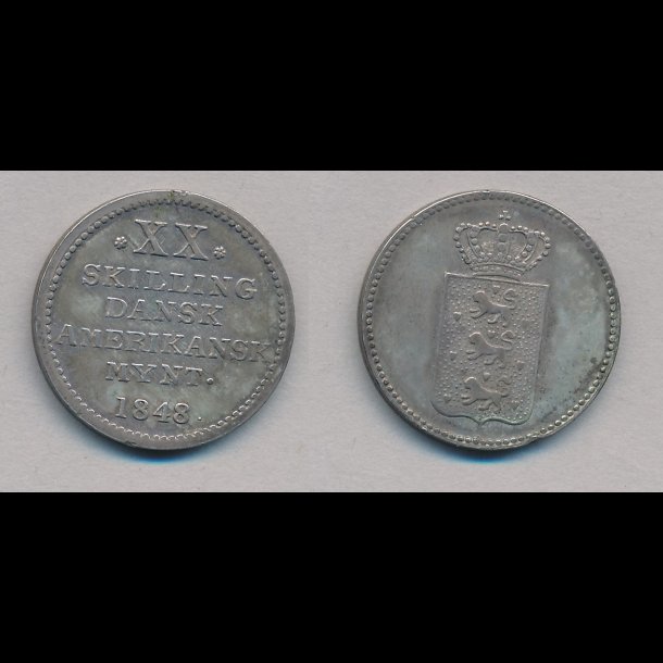 1848, Dansk Vestindien, Dansk Amerikansk mnt, XX skilling, 01, med rillet rand,