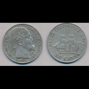 1859, Dansk Vestindien, Frederik VII, 20 cents,1+, lbnr 20