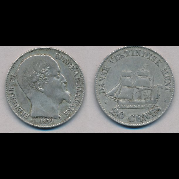1859, Dansk Vestindien, Frederik VII, 20 cents,1+, lbnr 20