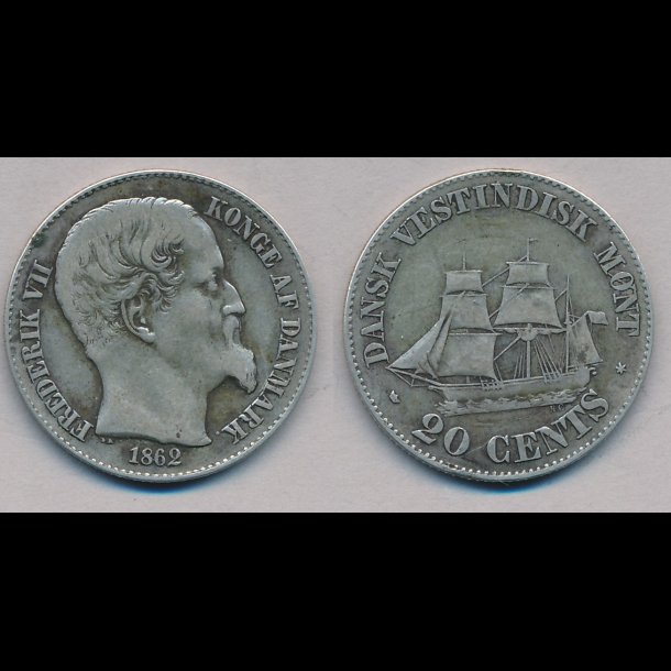 1862, Dansk Vestindien, Frederik VII, 20 cents, 1+