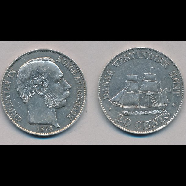 1878, Dansk Vestindien, Christian IX, 20 cents, 01