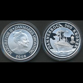 2008, 500 kroner, Kongeskibet Dannebrog, proof, slvmnt,