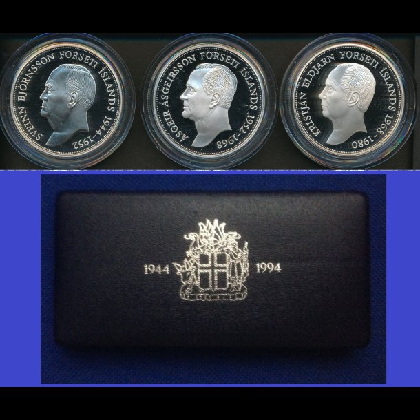 1994, Island, 3 x 1.000 kronur, 50 rs jubilum for republikkens oprettelse, proof i ske