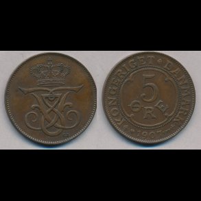 1907, 5 re, 1+, NEDSAT fra 90,-kr,