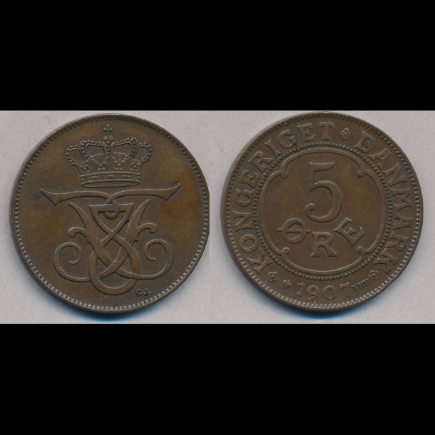 1907, 5 re, 1+, NEDSAT fra 90,-kr,