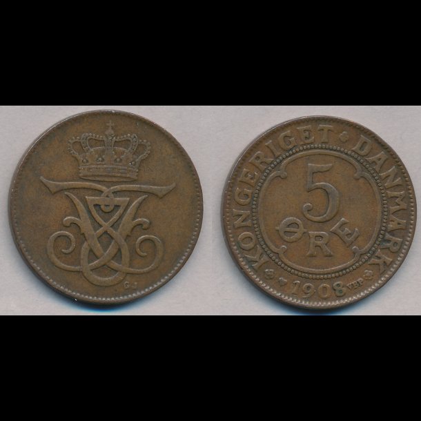 1908, 5 re, 1+,  NEDSAT fra 90,-kr,