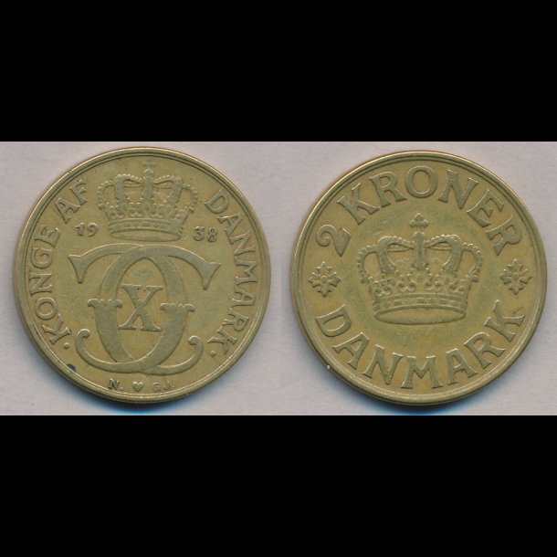 1938, Christian X, 2 kroner, 1(+), NEDSAT fra 200,-kr,