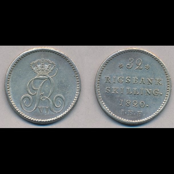 1820, Frederik VI, 32 rigsbank skilling, 01, H29B,
