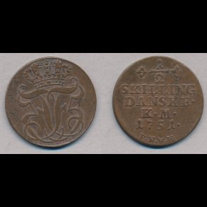 1751, Frederik V, 1/2 skilling, 1+, H40A