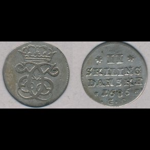 1686, Christian V, 2 skilling, 1 / 1+, H84