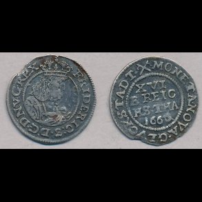 1666, Frederik III, 3 skilling lybsk, 1+, H152, S150,3, NEDSAT fra 700,-kr