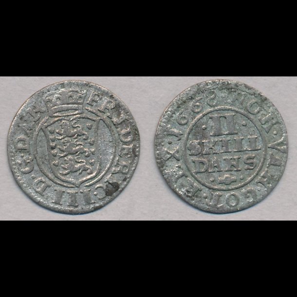 1668, Frederik III, II skilling, 1+, H140A