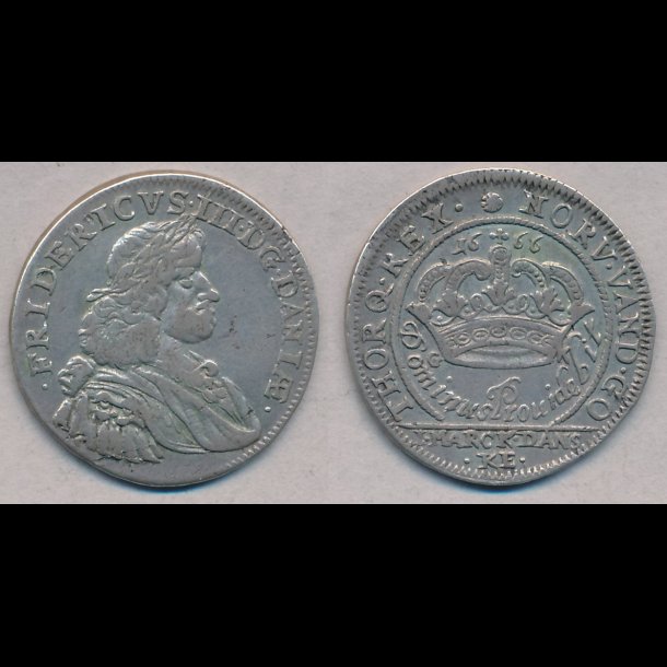 1666, Frederik III, 1 mark, GK, Kbenhavn, 1+, S27, H111