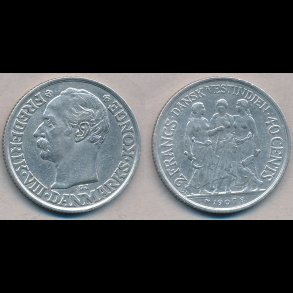 1907, Dansk Vestindien, Frederik VIII, 40 cents, 2 francs, 1+,
