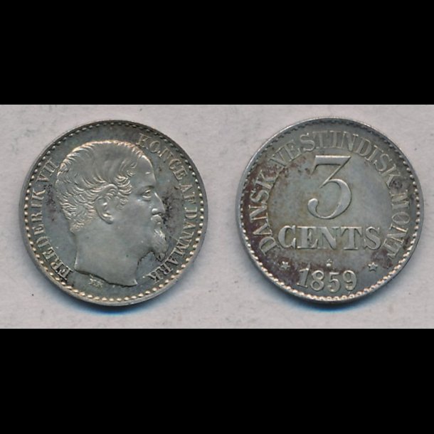 1859, Dansk Vestindien, Frederik VII, 3 cents, M/0, H22, S5, Sieg 40
