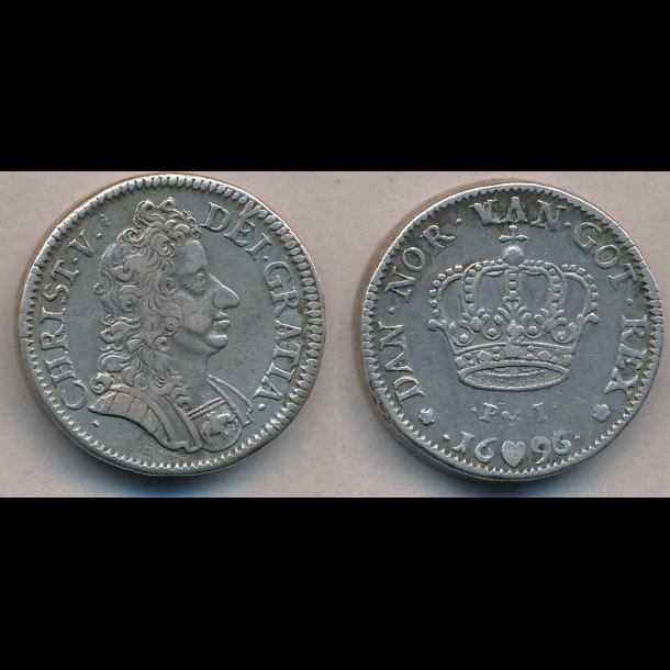 1696, Christian V, 1 krone klump, 1+, H104