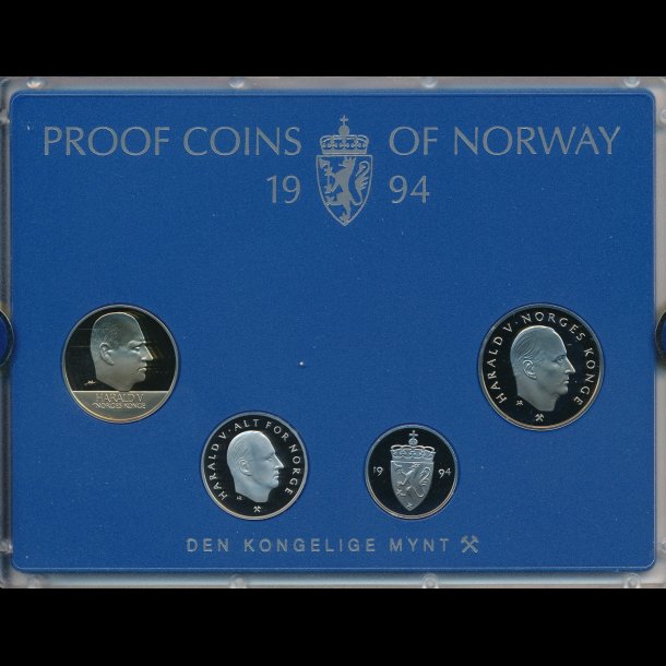 1994, Norge, proof coins bestende af  50 re, 1, 5 og 20 kroner