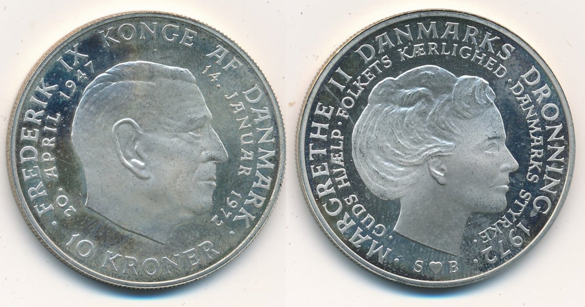 1972, 10 Tronskifte Frederik IX - Margrethe II, 10 kroner erindringsmønter -