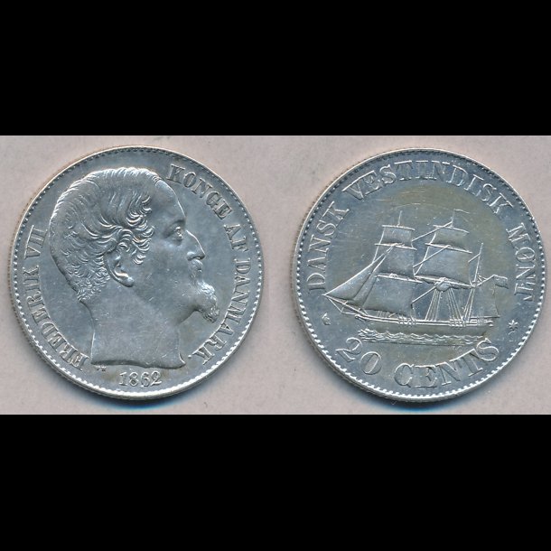 1862, Dansk Vestindien, Frederik VII, 20 cents, 1++