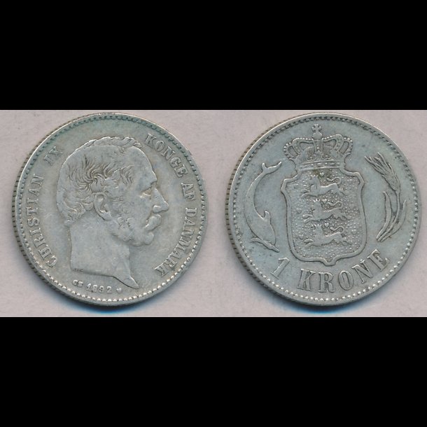 1892, Christian IX, 1 krone, 1, slv,
