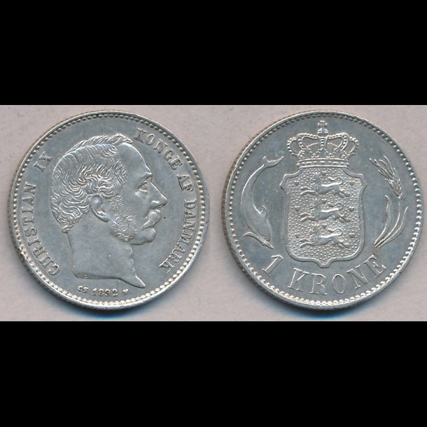 1892, Christian IX, 1 krone, 1 (+), slv,