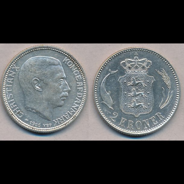 1916, Christian X, 2 kroner, slvmnt, 1+,
