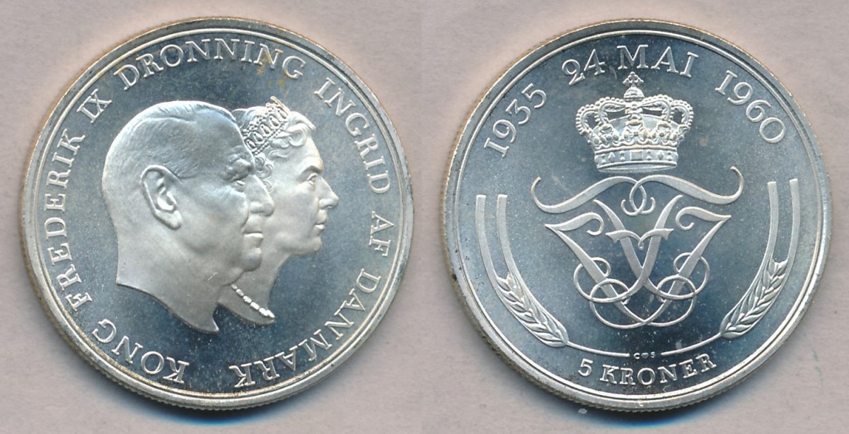 Himmel titel Alle sammen 1960, 5 kroner, Kong Frederik IX og Dronning Ingrid's sølvbryllup, M - 5  kroner erindringsmønter - samlerforum