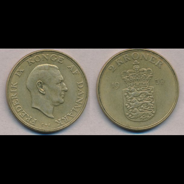 1959, Frederik IX, 2 kroner, NEDSAT fra 290,-kr,