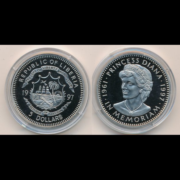 1997, Liberia, 5 dollars, Princess Diana 1961-1997 In Memoriam, restlager, NEDSAT fra 48,-kr,