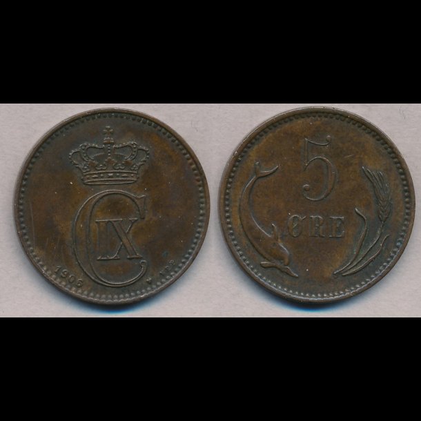 1906, 5 re, 1+, NEDSAT fra 350,-kr,