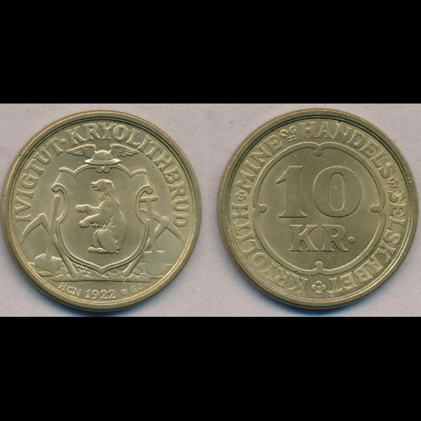 Kryolith Mine &amp; Handelsselskab, 10 kroner, 1922, gul, 0/01