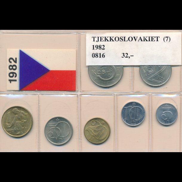1982, Tjekkoslovakiet, rsst, 5-,10-, 20- og 50 heller, 1-,2- og 5 korun, 0816,