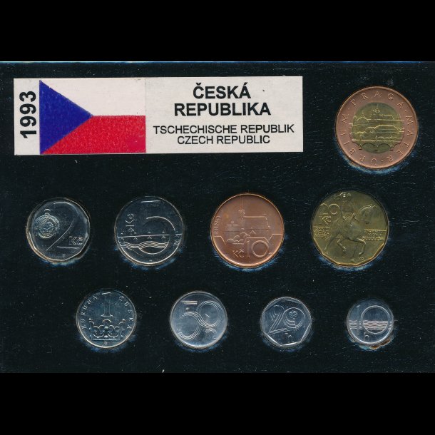 1993, Tjekkiet, 10-,20- og 50 heller, 1-,2-,5-,10-,20- og 50 koruna, 0821