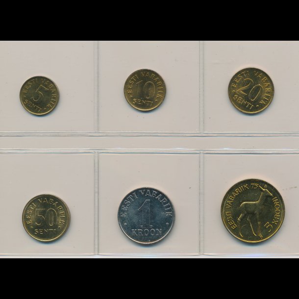 1991 - 1992, Estland, 5-,10-,20- og 50 senti, 1- og 5 kroon, 0833,