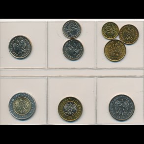 1990-95, Polen, 1-,2-,5-,10-,20- og 50 groszy, 1-,2- og 5 zloty, 0838,
