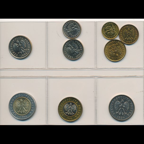 1990-95, Polen, 1-,2-,5-,10-,20- og 50 groszy, 1-,2- og 5 zloty, 0838,