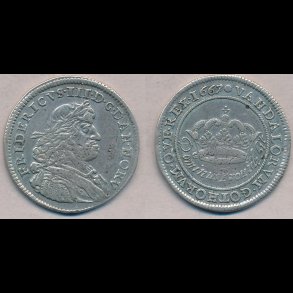 1667, Frederik III, 2 mark, 1+, H107A, NEDSAT fra 3.800,-kr