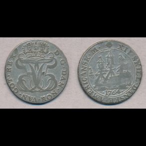 1764, Dansk Vestindien, Frederik V, 12 skilling, 1+ / 1, H5B,