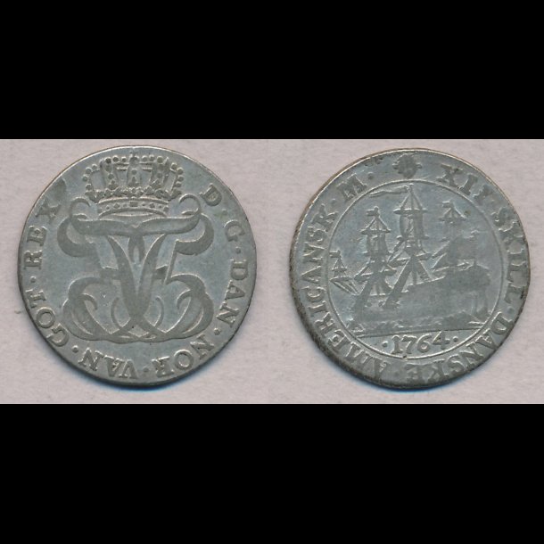 1764, Dansk Vestindien, Frederik V, 12 skilling, 1+ / 1, H5B,