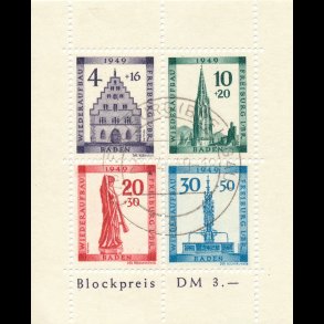 1949, Tyskland, Den Franske, Zone, Baden, Genopbygning miniark, ʘ,