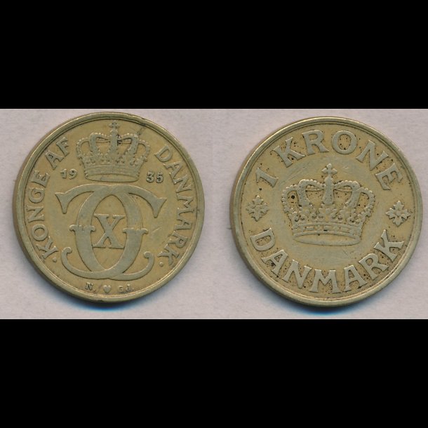 1935, Christian X, 1 krone, 1(+), NEDSAT fra 250,-kr