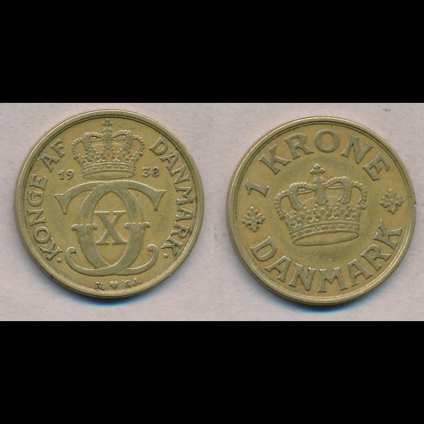 1938, Christian X, 1 krone, 1+