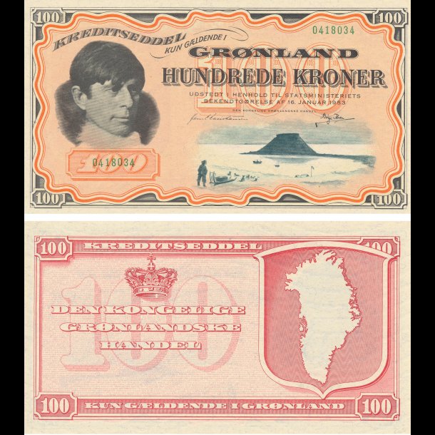 1953, Grnland, Kreditseddel, 100 kroner, 0418034,  Sieg 72, Pick 21. 0