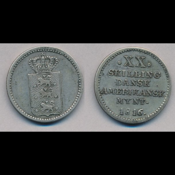 1816, Dansk Vestindien, Dansk Amerikansk Mynt, XX skilling, 1+
